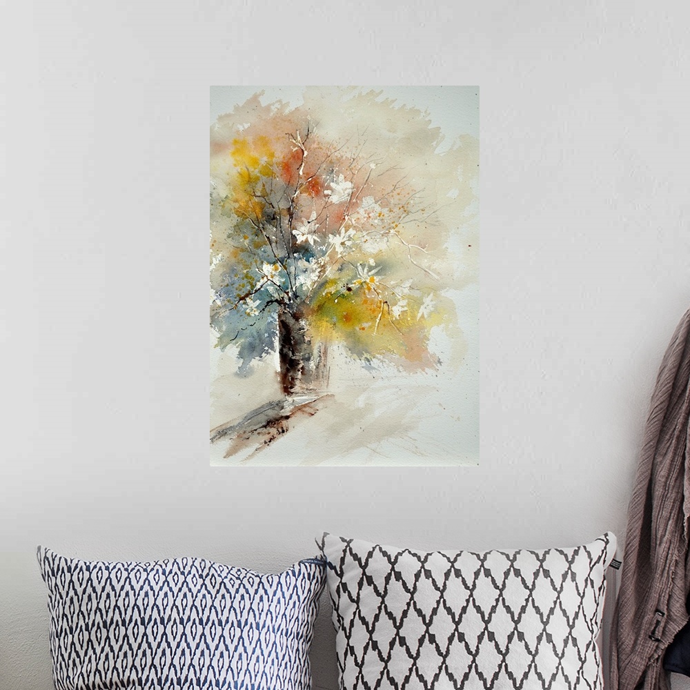 A bohemian room featuring Contemporary watercolor painting of a vase of white flowers against a multi-colored backdrop.