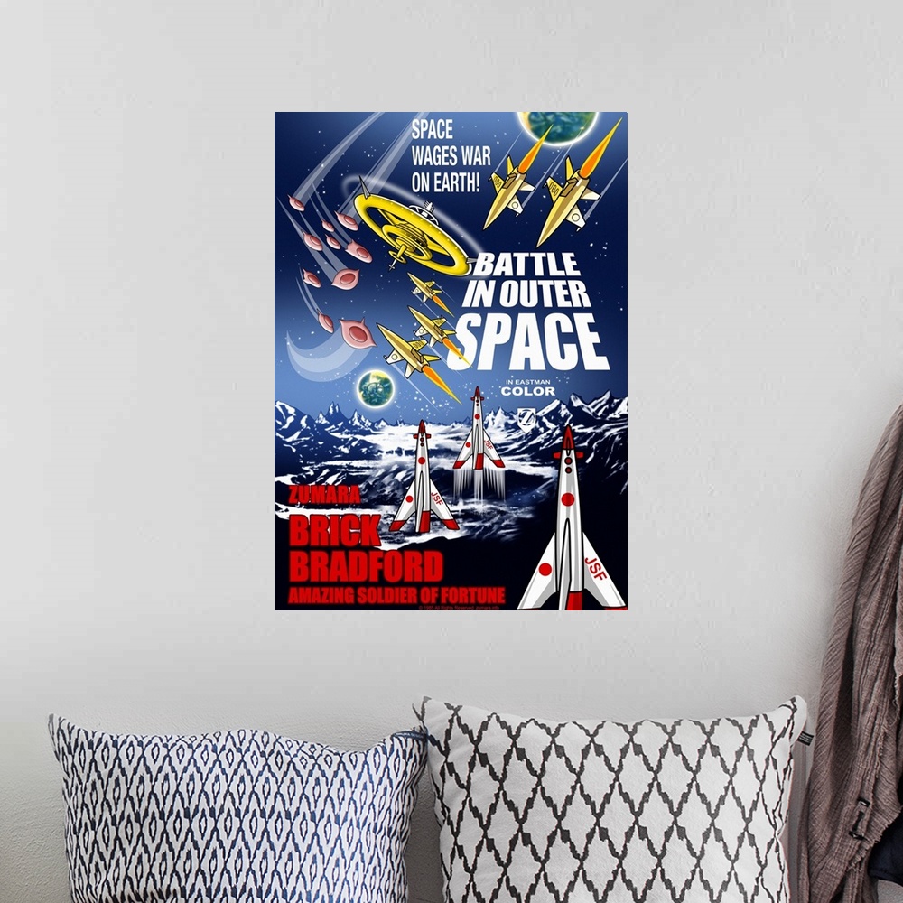 A bohemian room featuring Battle in Outer Space 1 Sci Fi Movie Poster