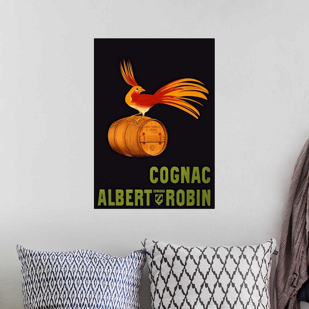 A bohemian room featuring Large vertical vintage advertisement for Albert Robin Cognac, with a bright bird with long plumag...