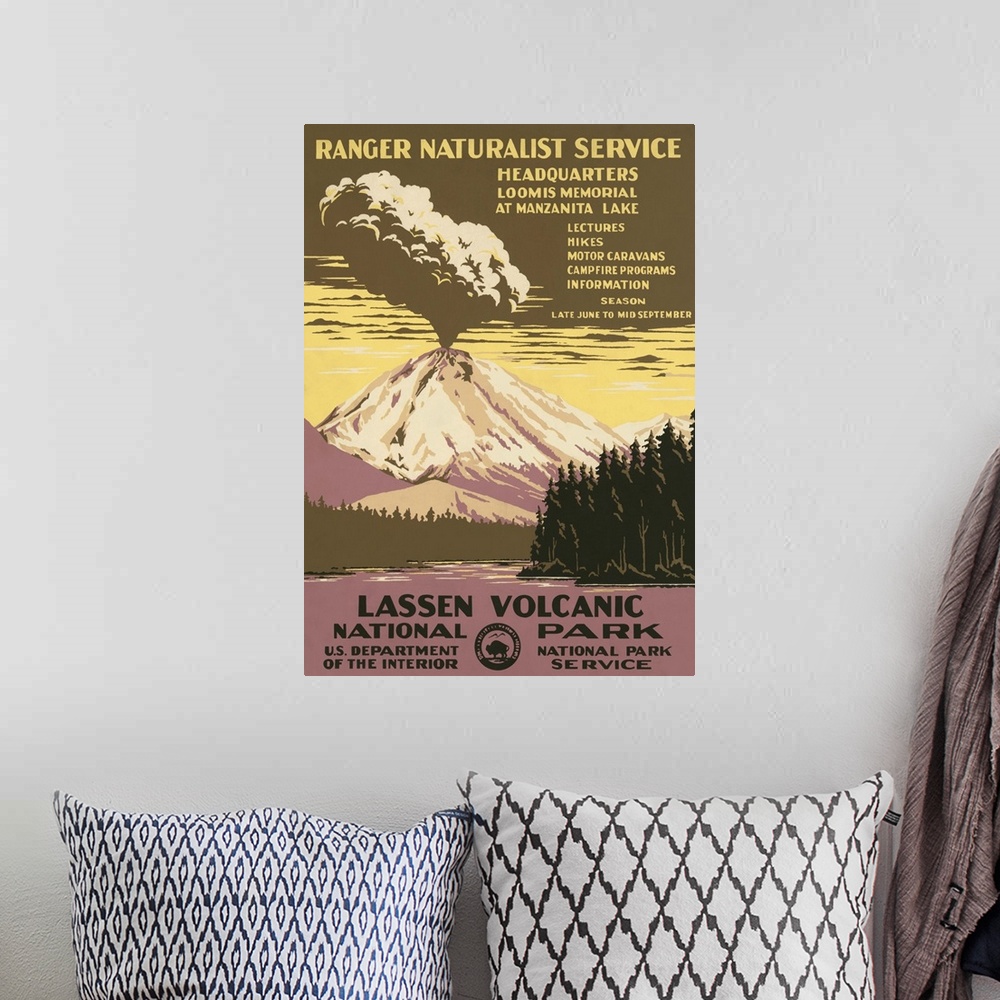 A bohemian room featuring Lassen Volcanic National Park, Ranger Naturalist Service. Poster shows Lassen Peak errupting. Lib...