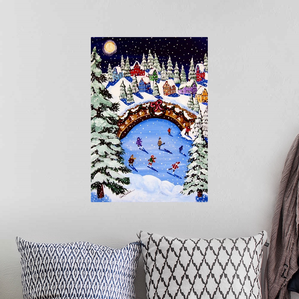A bohemian room featuring Whimsical winter scene with ice skaters, Christmas trees, a snowman and fun houses.