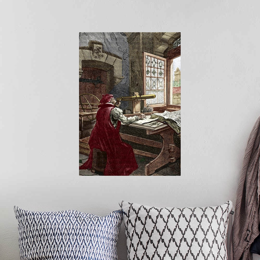 A bohemian room featuring Galileo using a telescope, historical artwork. The Italian astronomer and physicist Galileo Galil...