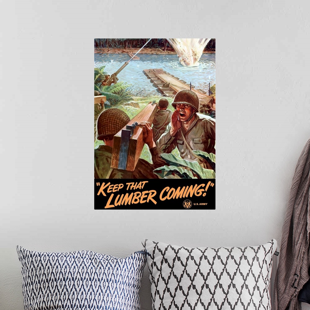 A bohemian room featuring Digitally restored vector war propaganda poster. This vintage World War II poster features Army E...