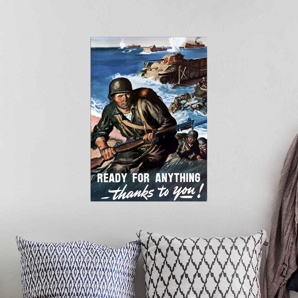 A bohemian room featuring Digitally restored vector war propaganda poster. This vintage World War II poster features Americ...