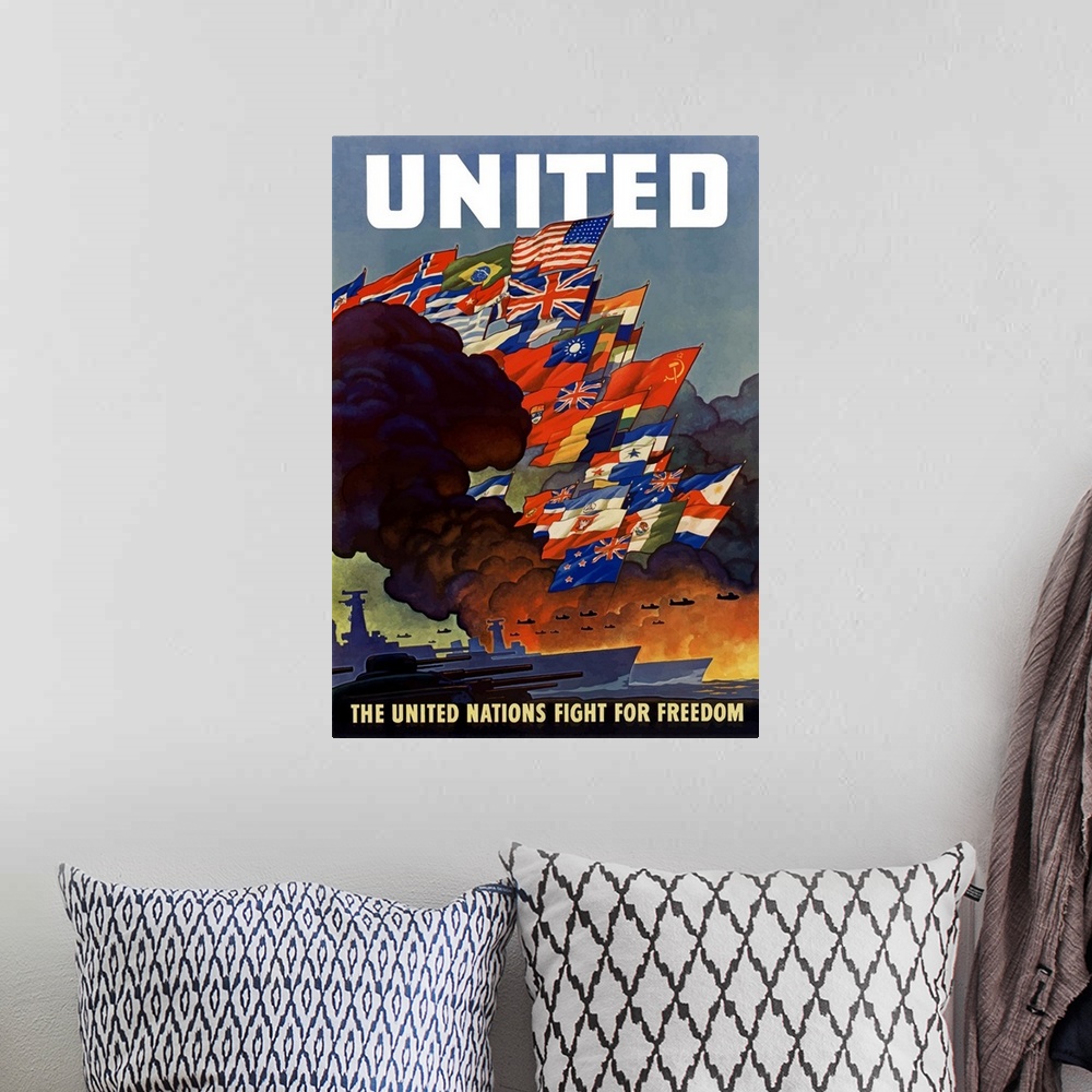 A bohemian room featuring Digitally restored vector war propaganda poster. This poster declares, United, The United Nations...