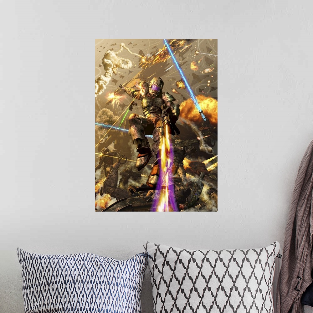 A bohemian room featuring Space marine fighting a chaotic battle on Mars.