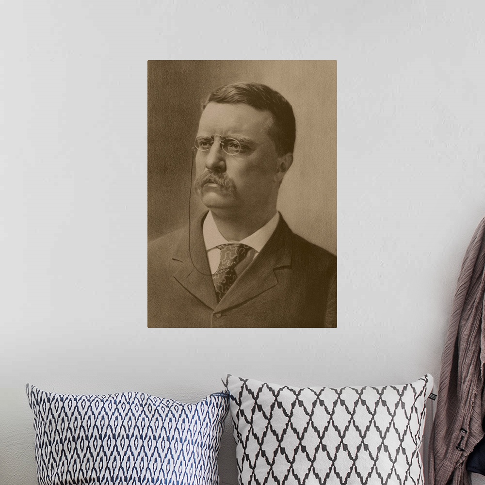 A bohemian room featuring Vintage American history print of a younger President Theodore Roosevelt.