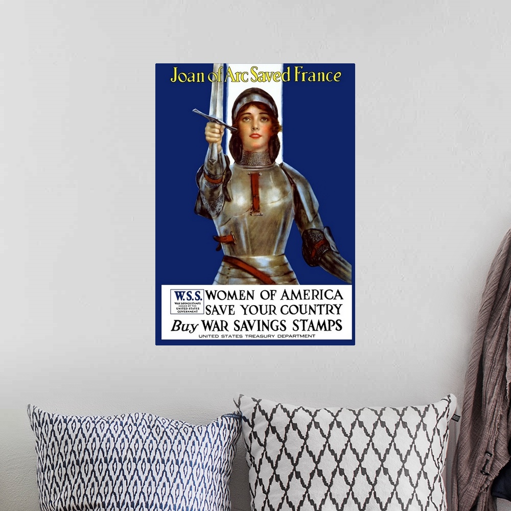 A bohemian room featuring Vintage World War One poster of Joan of Arc wearing armor, raising a sword. It reads, Joan of Arc...
