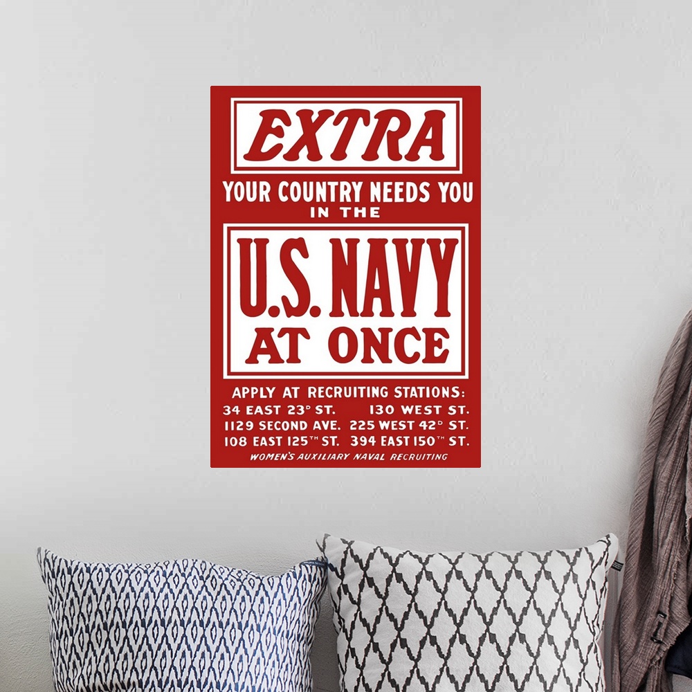 A bohemian room featuring Vintage World War II poster is a plea for Navy recruits. It reads, Extra, Your Country Needs You ...
