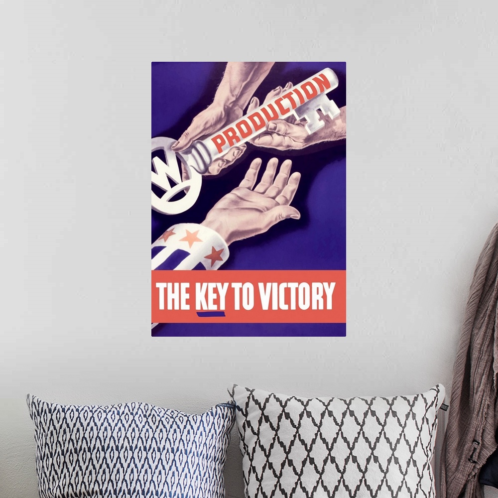 A bohemian room featuring Vintage World War II propaganda poster featuring someone handing a large key to the hand of Uncle...