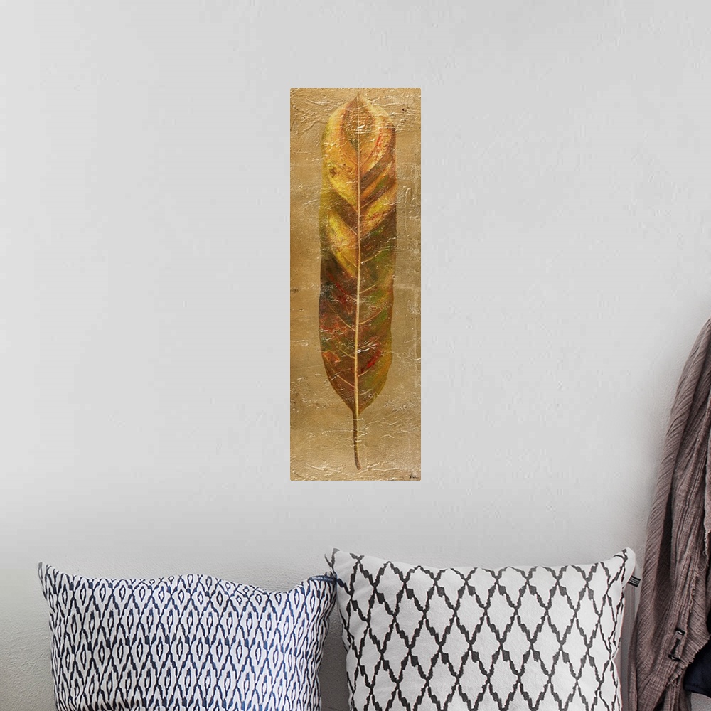 A bohemian room featuring Contemporary painting of a broad leaf in gold tones.