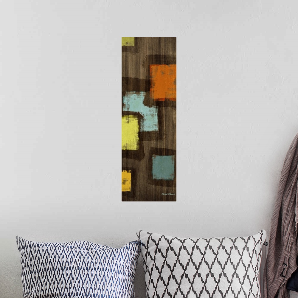 A bohemian room featuring Tall and narrow abstract painting on canvas of vibrant squares on top of a wooden type background.
