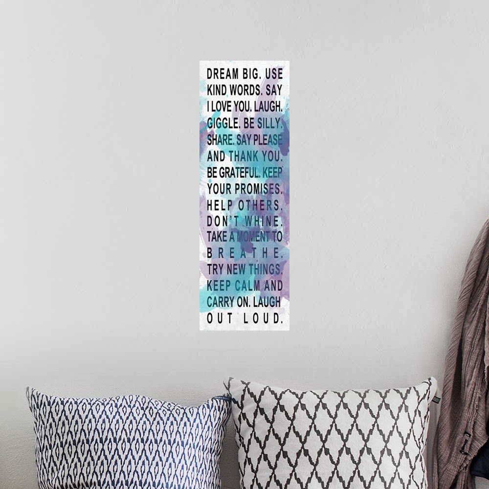 A bohemian room featuring A list of "Life Rules" in black text over a blue and purple abstract background.