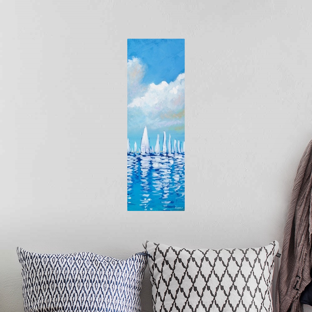 A bohemian room featuring Vertical artwork of a group of white sailboats against a blue sky.