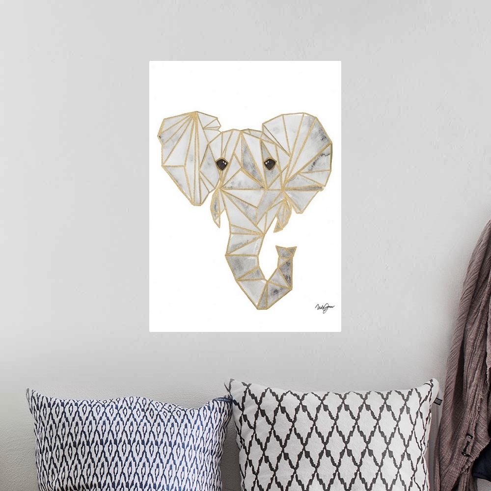 A bohemian room featuring Watercolor painting of an elephant created with metallic gold geometric shapes on a solid white b...