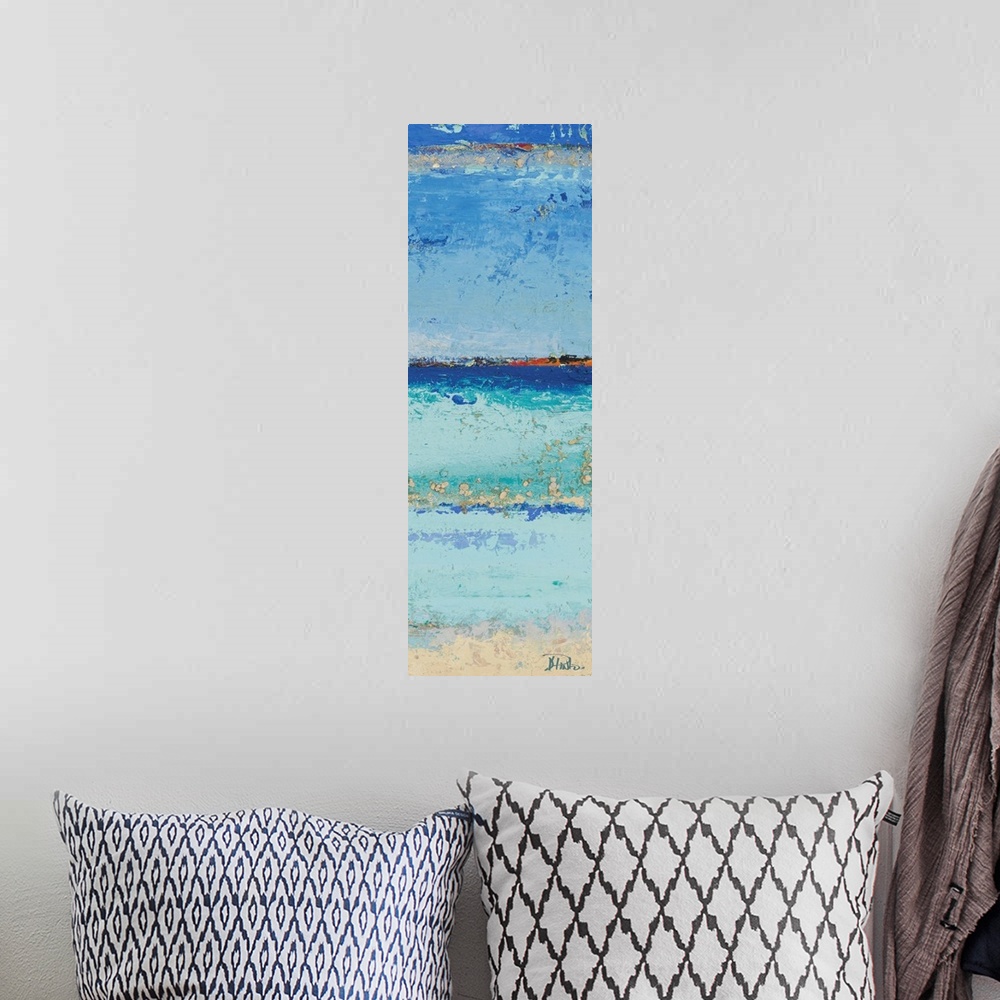 A bohemian room featuring Abstract painting of a light blue colorscape resembling the ocean from a beach view.