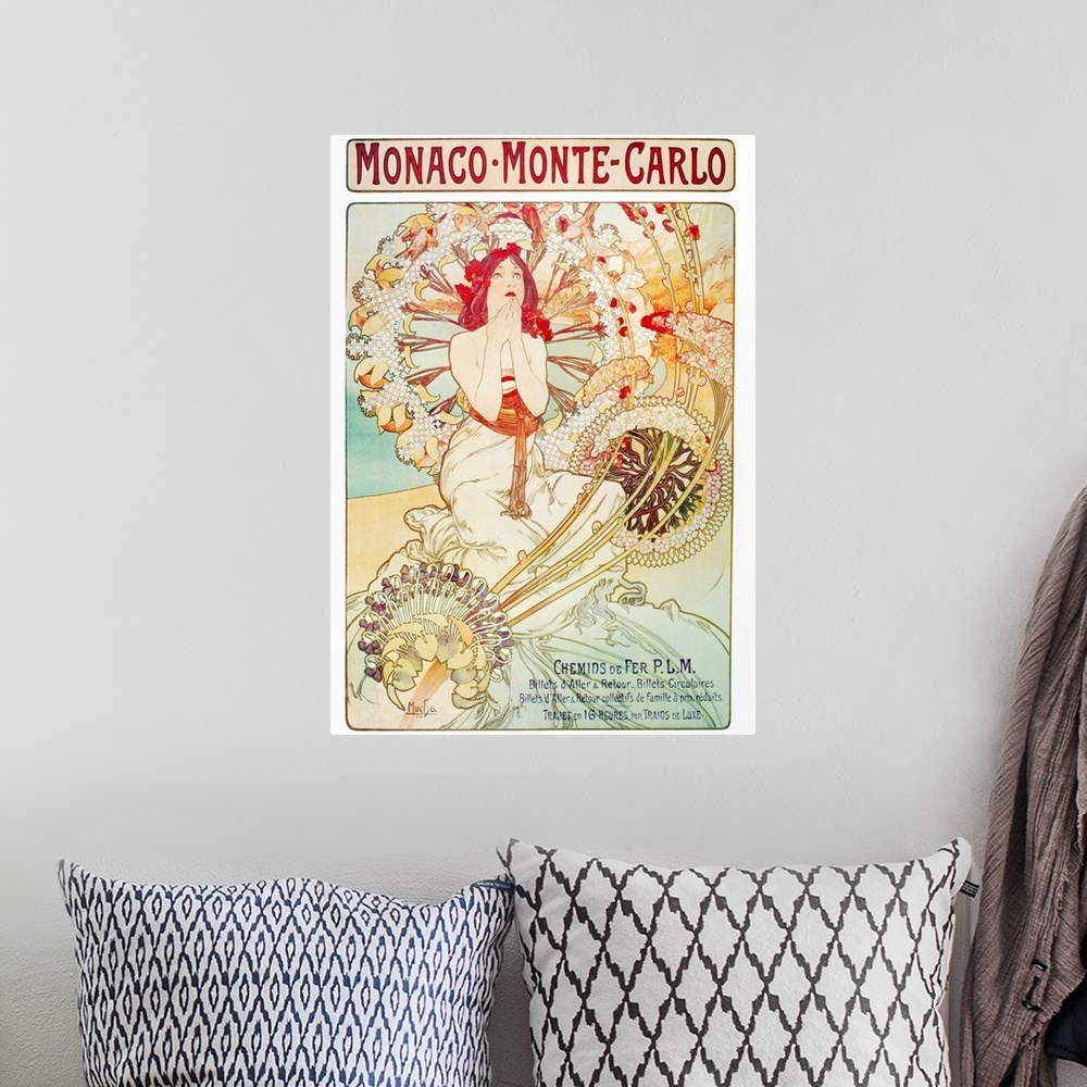 A bohemian room featuring Advertisement for Monaco and Monte Carlo. Lithograph by Alphonse Mucha, 1897.