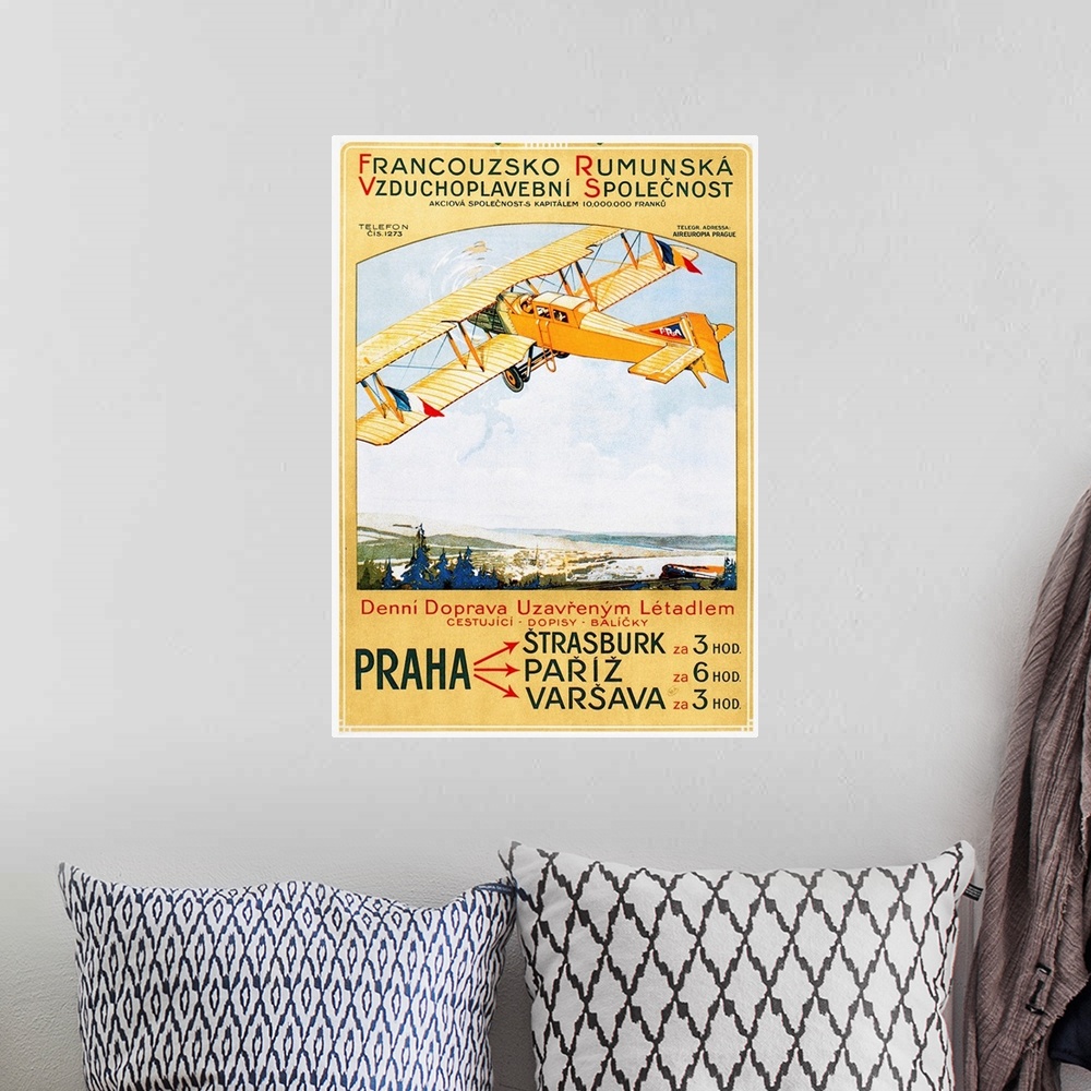A bohemian room featuring Poster for the Franco-Roumaine passenger airline which flew between Eastern Europe and France, de...