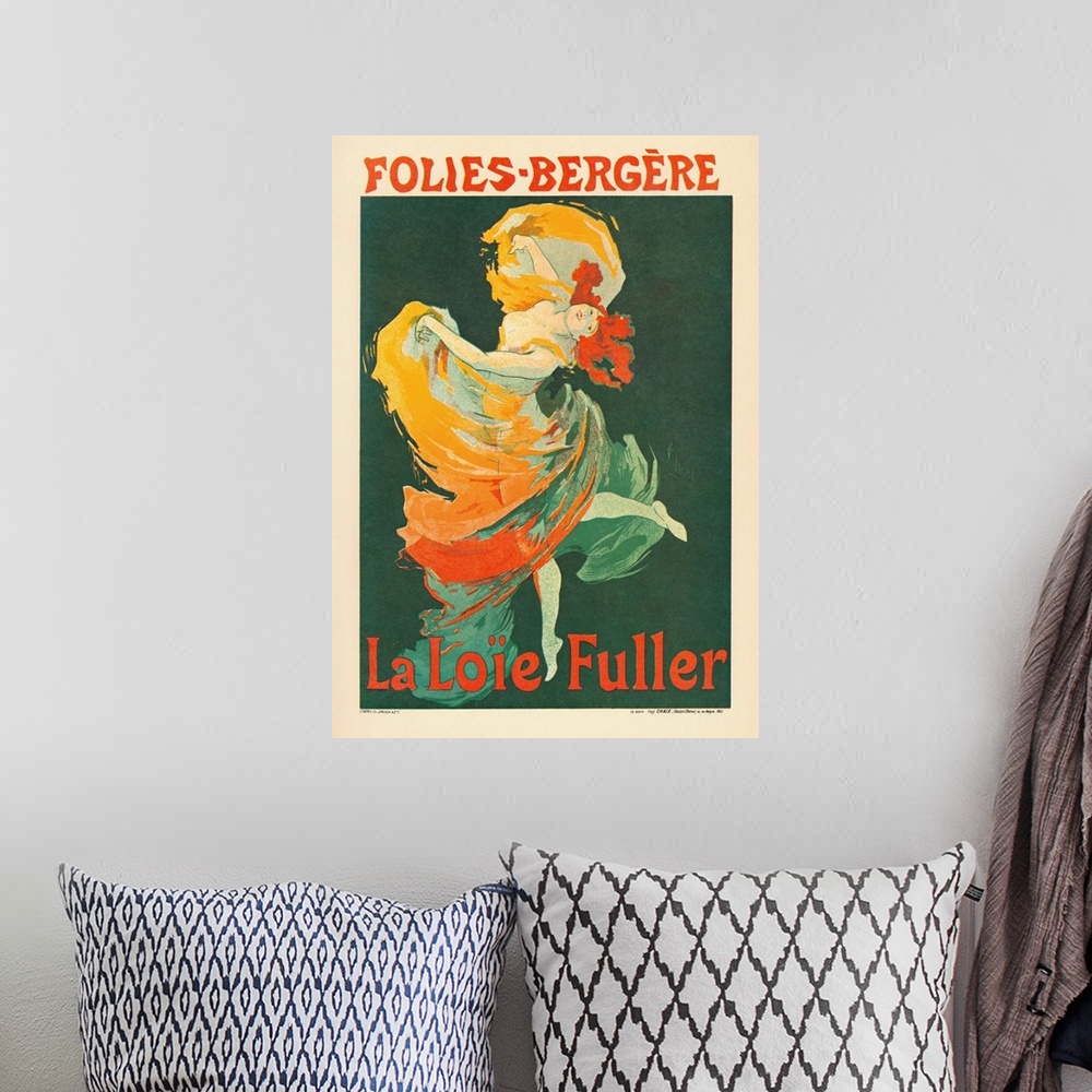 A bohemian room featuring French poster for Loie Fuller at the Folies Bergeres, in Paris, France. Lithograph by Jules Chere...