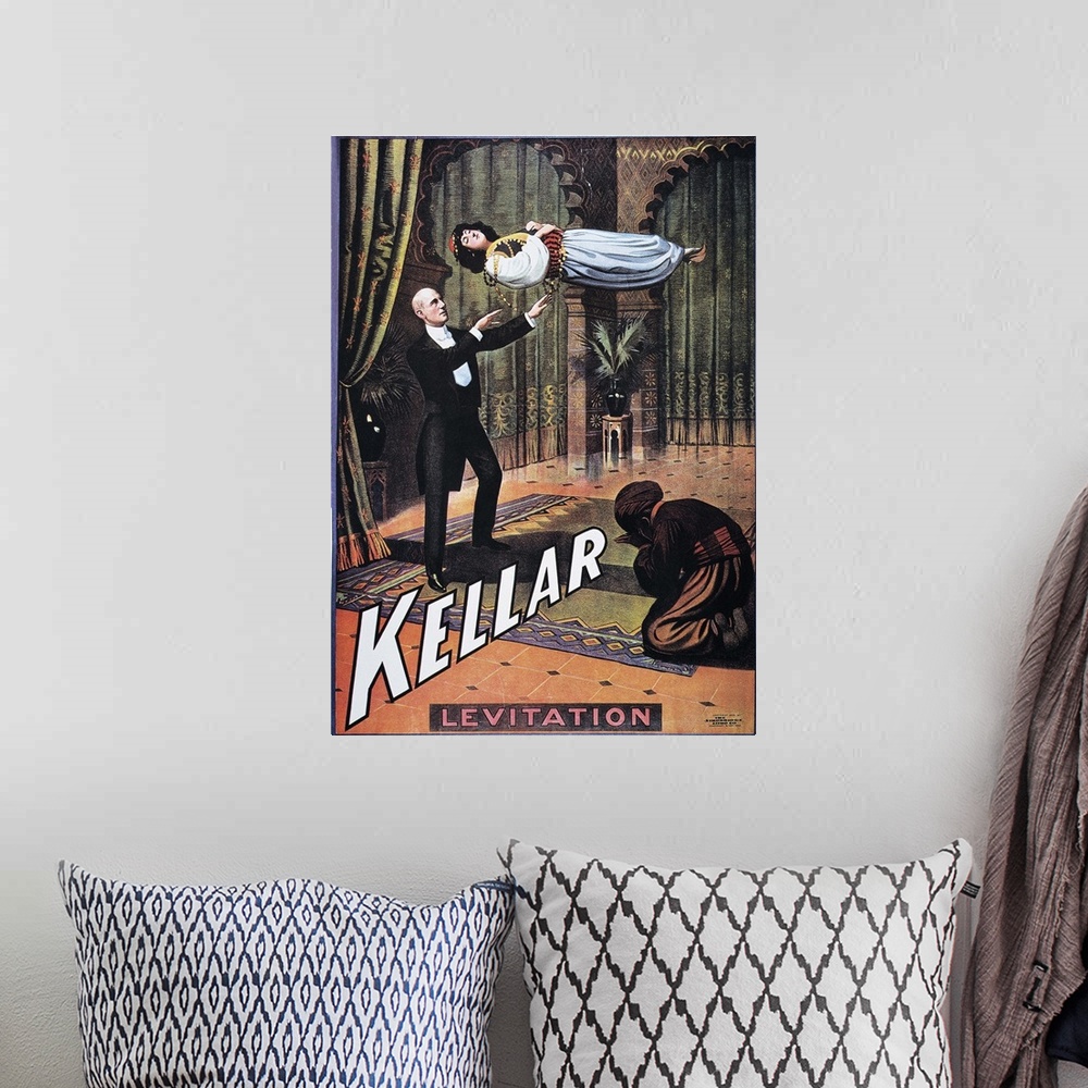A bohemian room featuring American poster of magician Harry Kellar's 'Levitation of the Princess Karnac'.