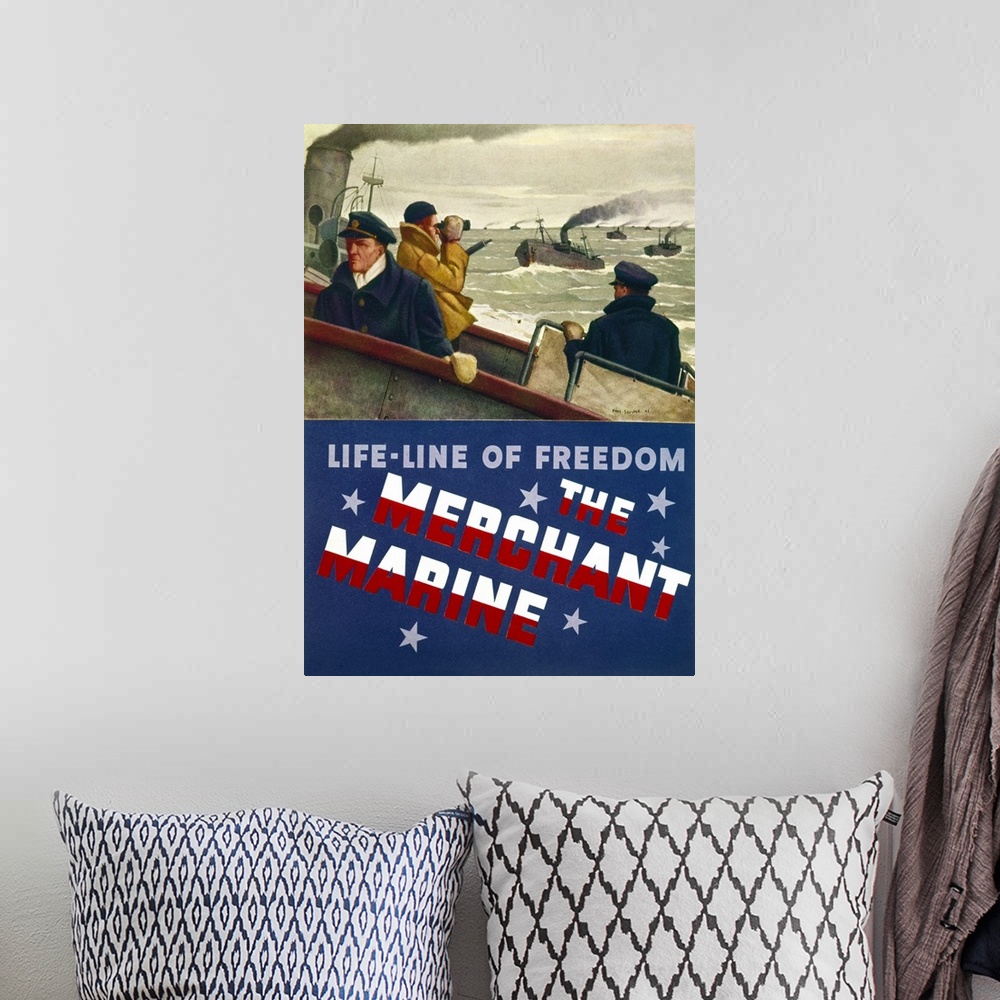A bohemian room featuring 'Life-Line of Freedom - The Merchant Marine.' Poster by Paul Sample, c1944.