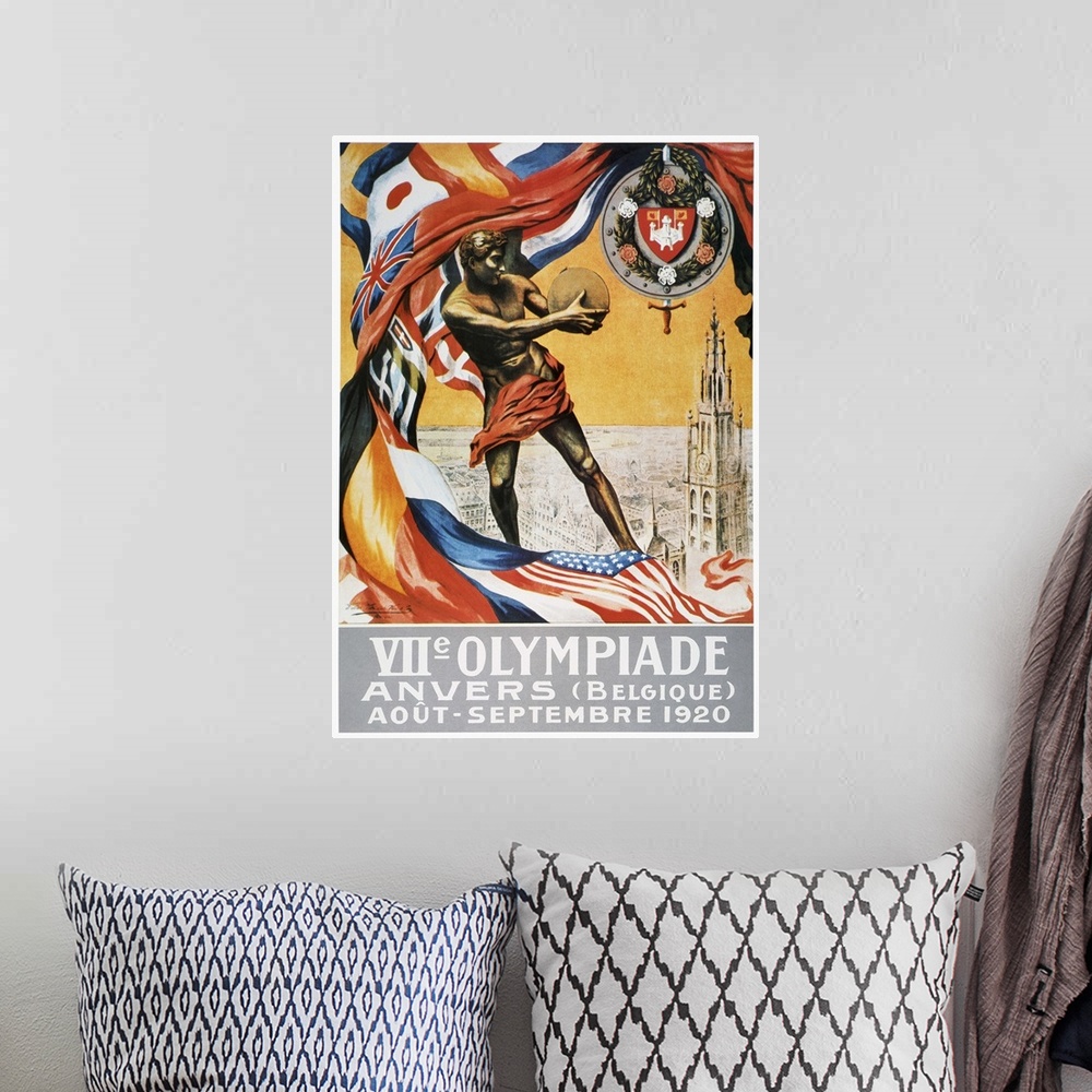A bohemian room featuring The official poster for the 1920 Olympic Games at Anvers (Antwerp), Belgium.