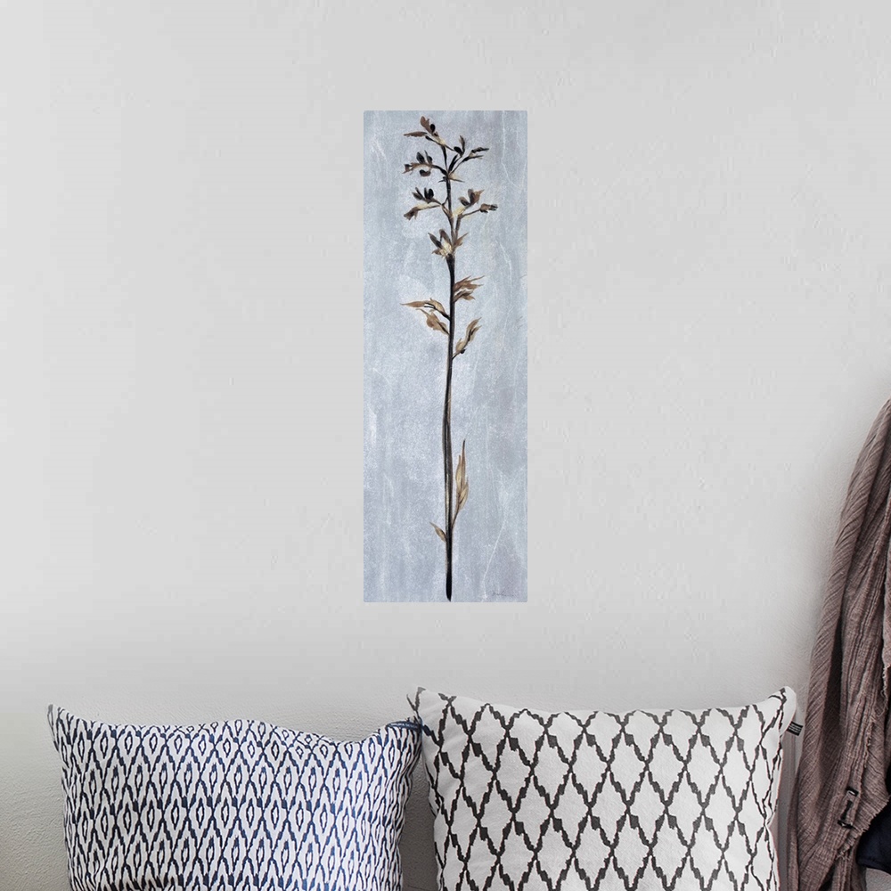 A bohemian room featuring Contemporary painting of a tall thin flower against a pale gray almost like stone.