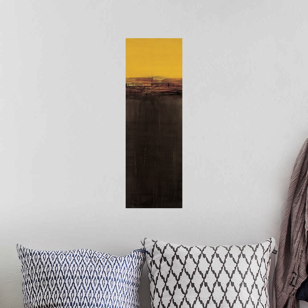 A bohemian room featuring Contemporary abstract painting using golden yellow and dark brown to create a color field.