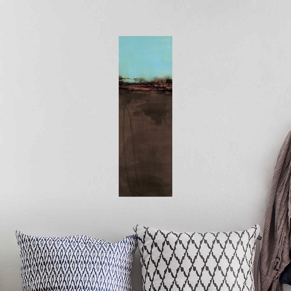 A bohemian room featuring Contemporary abstract painting using teal and dark brown to create a color field.