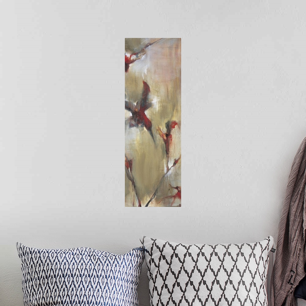 A bohemian room featuring Contemporary abstract painting resembling flowers.