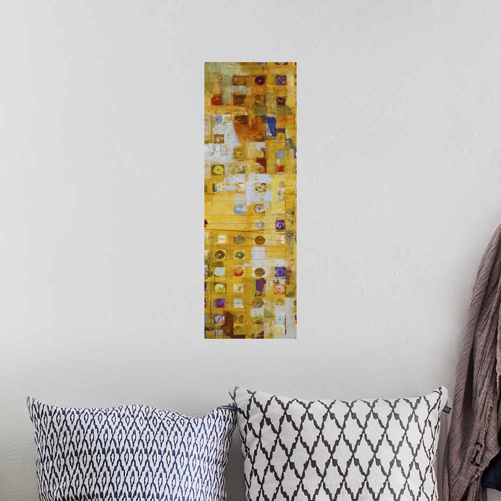A bohemian room featuring An abstract geometric painting using earthy tones.