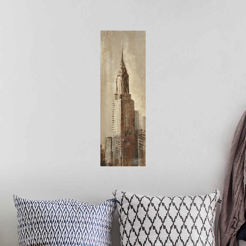 A bohemian room featuring A long vertical contemporary painting of the Chrysler building in New York, done in mute earth to...