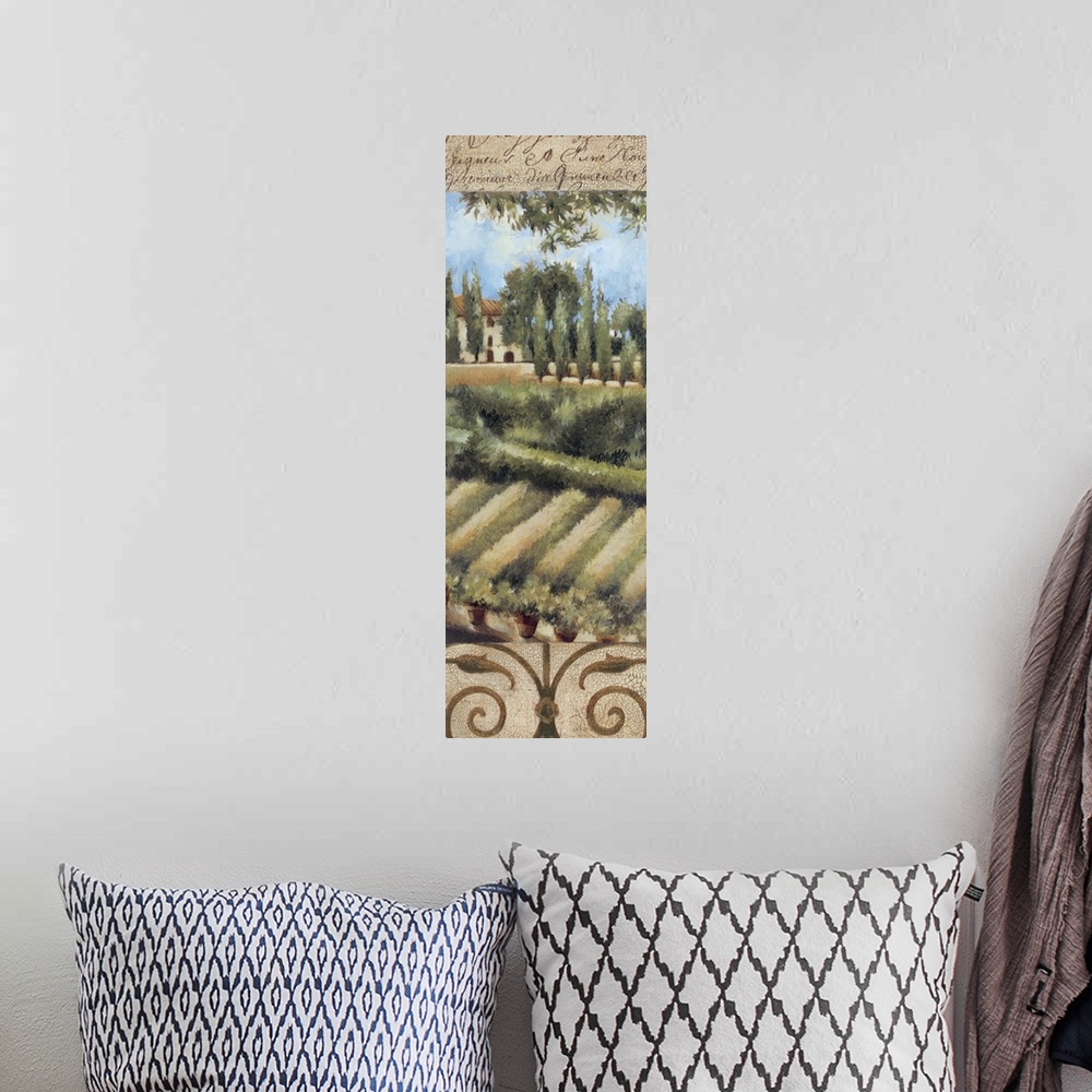 A bohemian room featuring An idyllic painting of a Italian Tuscan countryside.