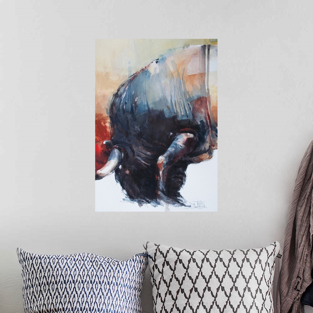 A bohemian room featuring This contemporary artwork is the first half of a watercolor diptych of a falling bull.