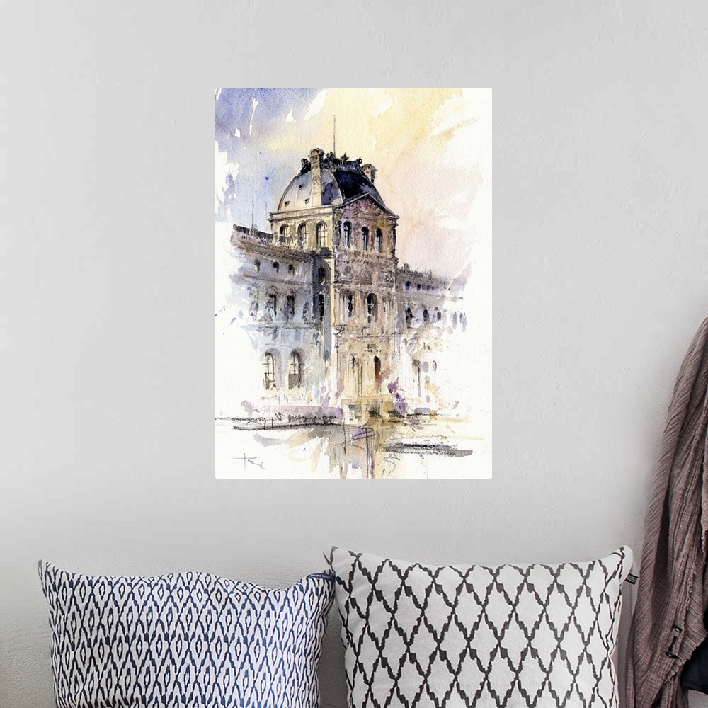 A bohemian room featuring This contemporary artwork is a quick watercolor sketch of the architectural details of the Lourve...