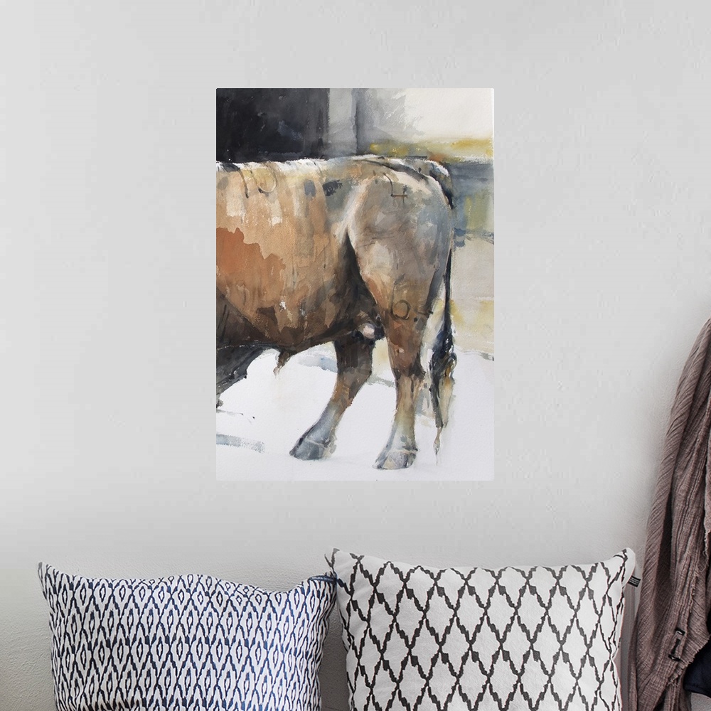 A bohemian room featuring This contemporary artwork is the second half of a watercolor bull diptych that displays the stren...