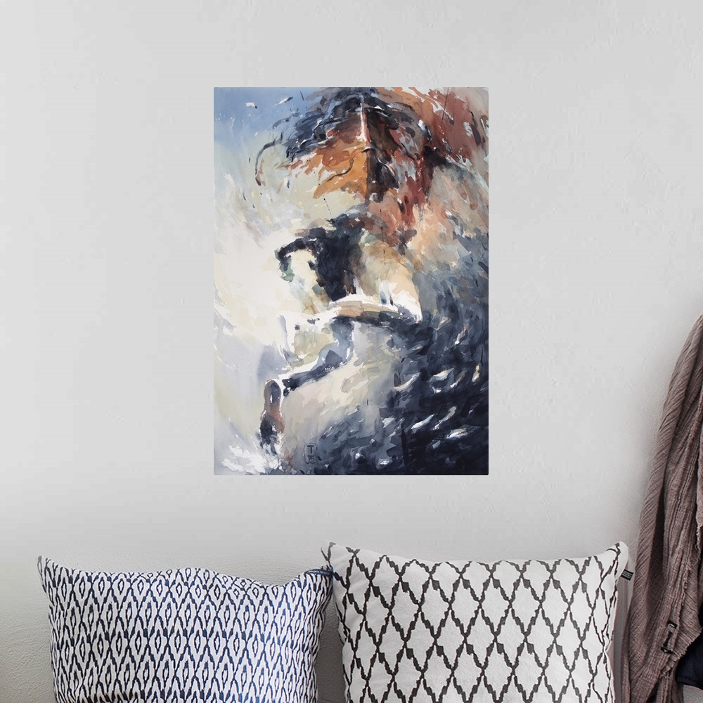 A bohemian room featuring This contemporary artwork offers a unique perspective of a swimmer diving under a fishing boat wi...