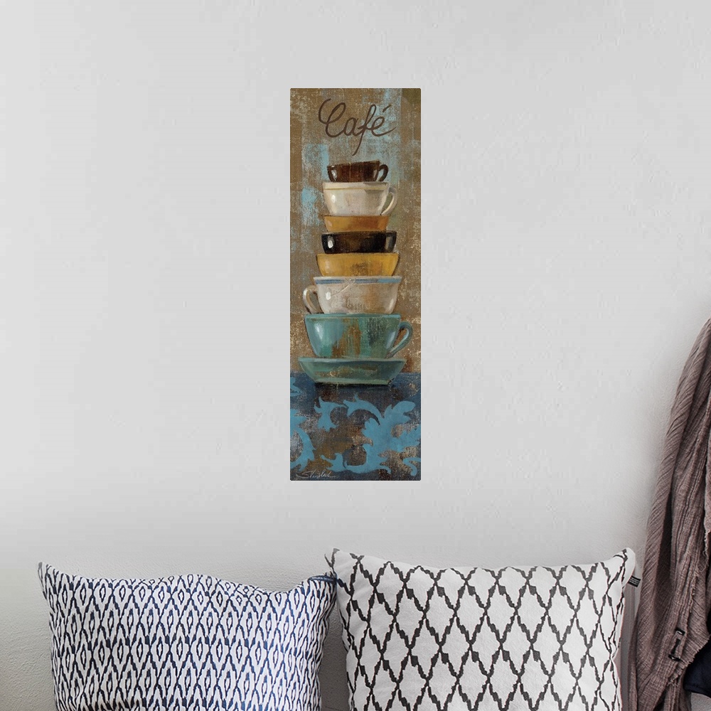 A bohemian room featuring Vertical painting of colorful stacked teacups on a textured background and indicating a Cafo in t...