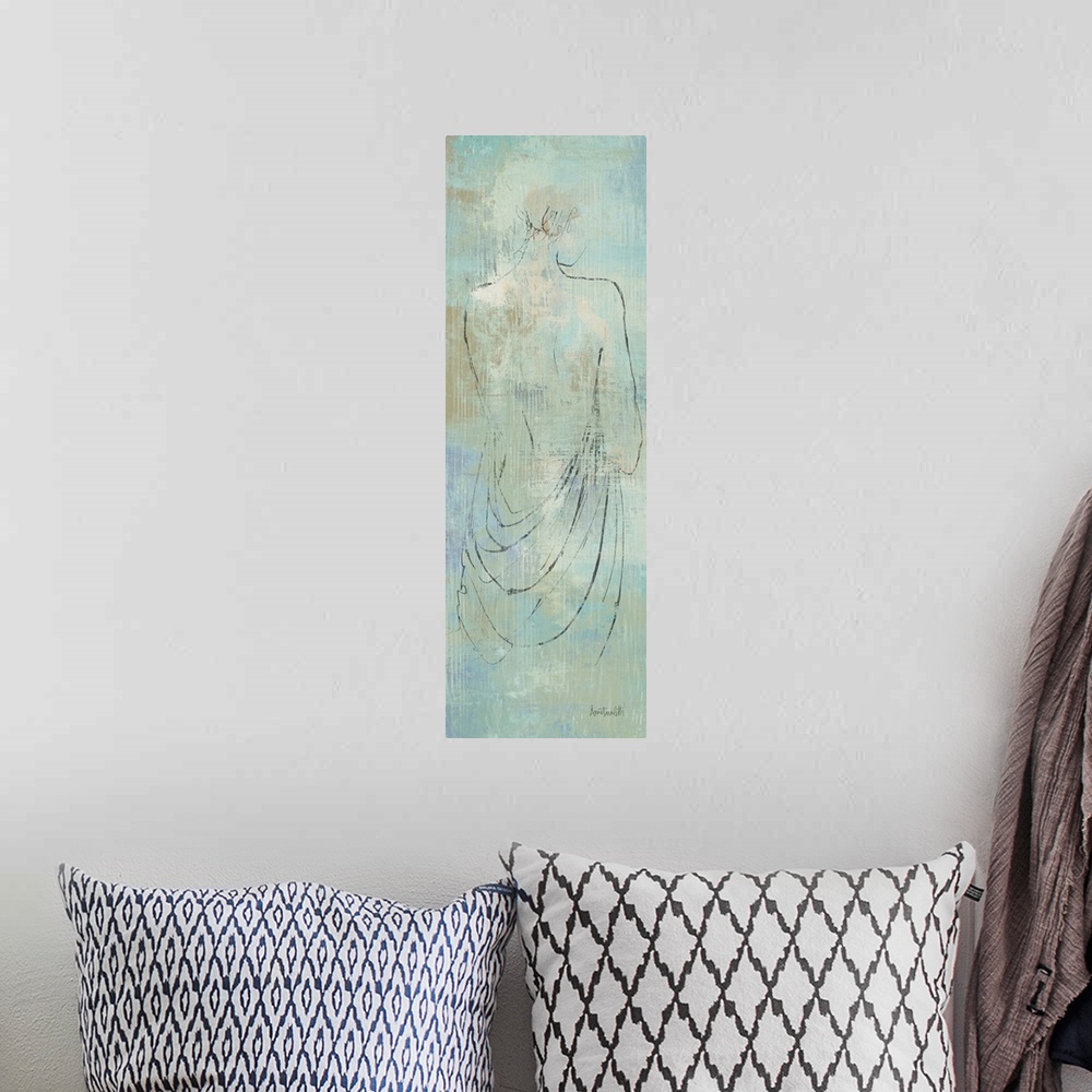 A bohemian room featuring Simple drawing of a nude figure over a textured background.