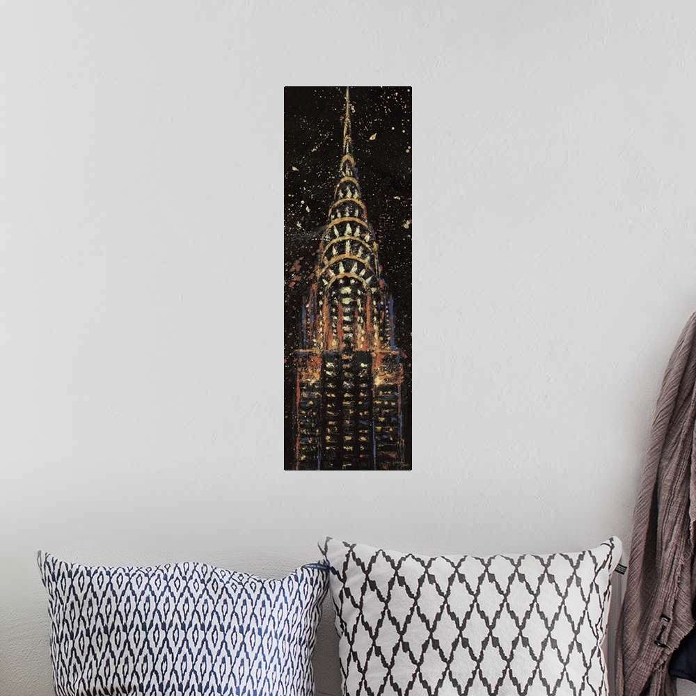A bohemian room featuring Contemporary painting of the Chrysler Building, with splatters of bright paint added for a moving...
