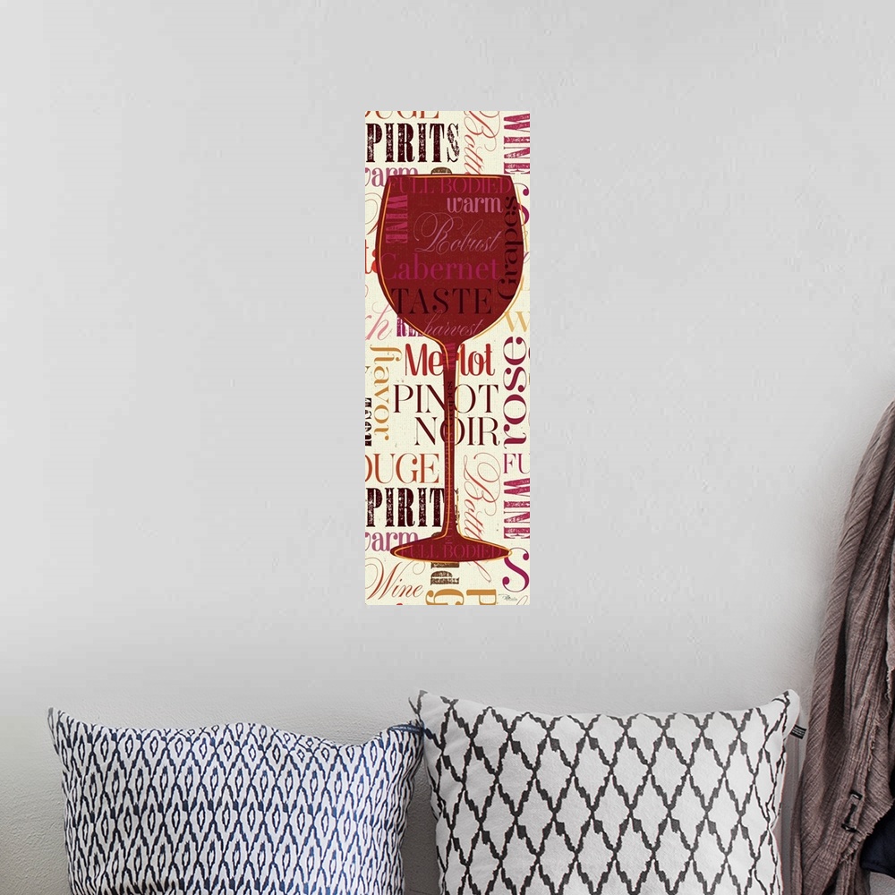 A bohemian room featuring Contemporary artwork of a red wine glass against a background of text.