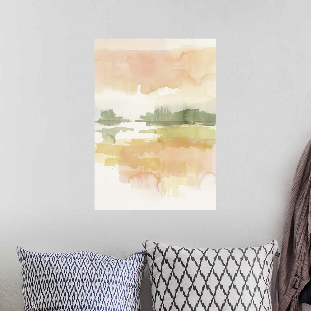 A bohemian room featuring Watercolor painting of a simple landscape in soft pink morning light.