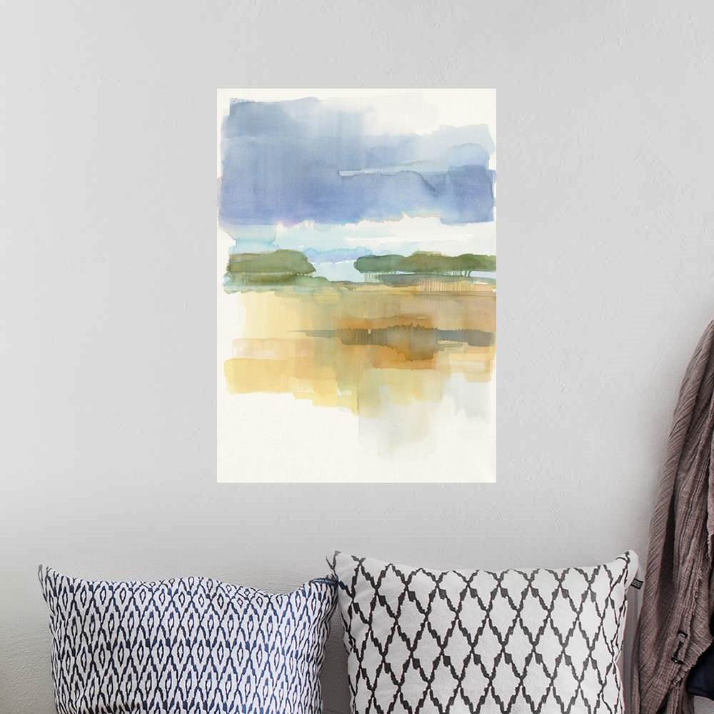 A bohemian room featuring Watercolor painting of a simple landscape in soft blue twilight.