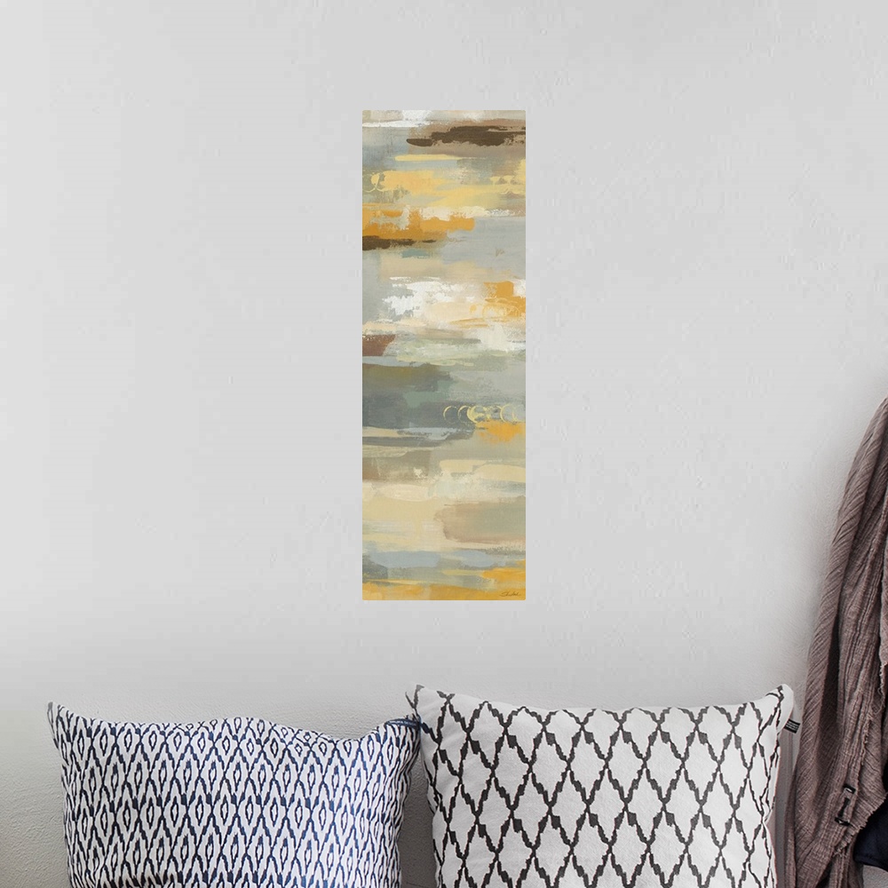 A bohemian room featuring Contemporary abstract painting using muted yellows and creams.