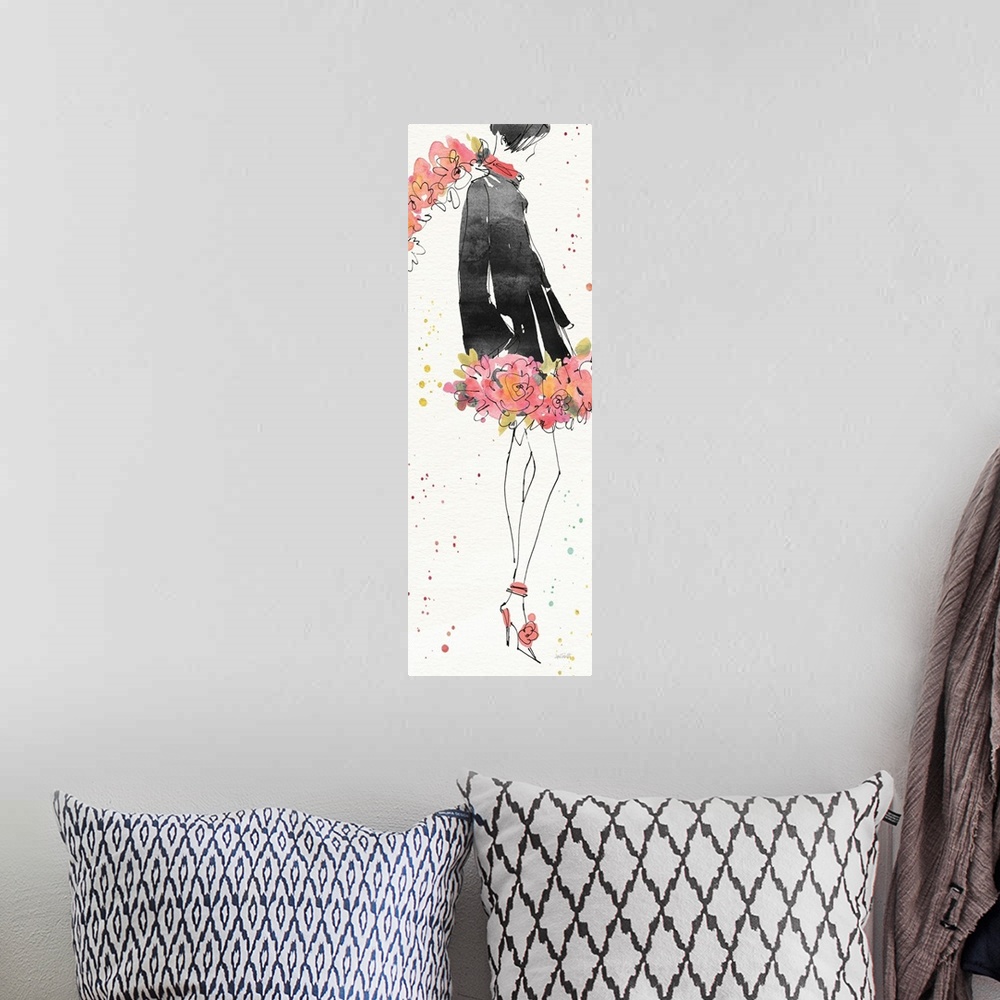 A bohemian room featuring Watercolor painting of a woman in a black coat with a floral scarf and skirt.