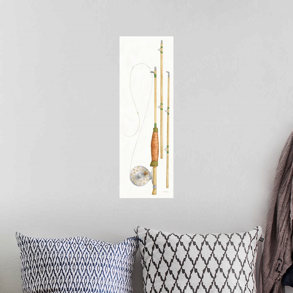 A bohemian room featuring Large watercolor painting of a fly fishing pole and reel on a white background.
