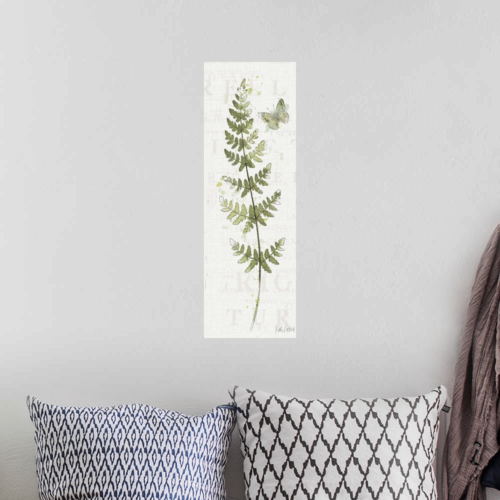 A bohemian room featuring Tall rectangular watercolor painting of fern leaves with a butterfly on a textured white backgrou...