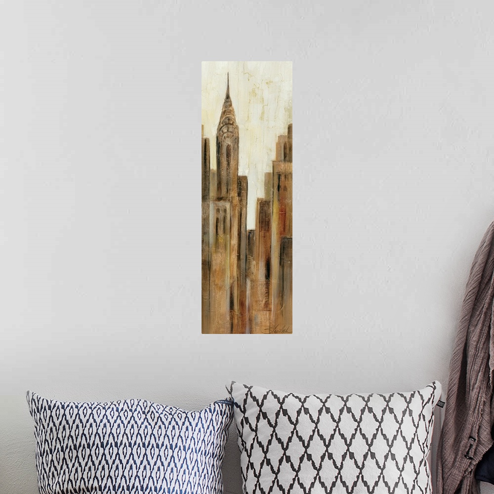 A bohemian room featuring This tall panoramic piece is a painting of just a part of the skyline in New York City.