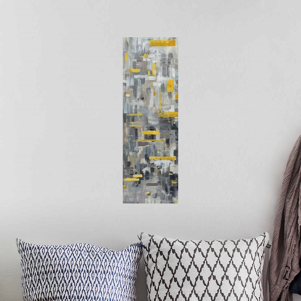 A bohemian room featuring Tall, rectangular abstract painting with neutral toned brushstrokes in the background and bright ...