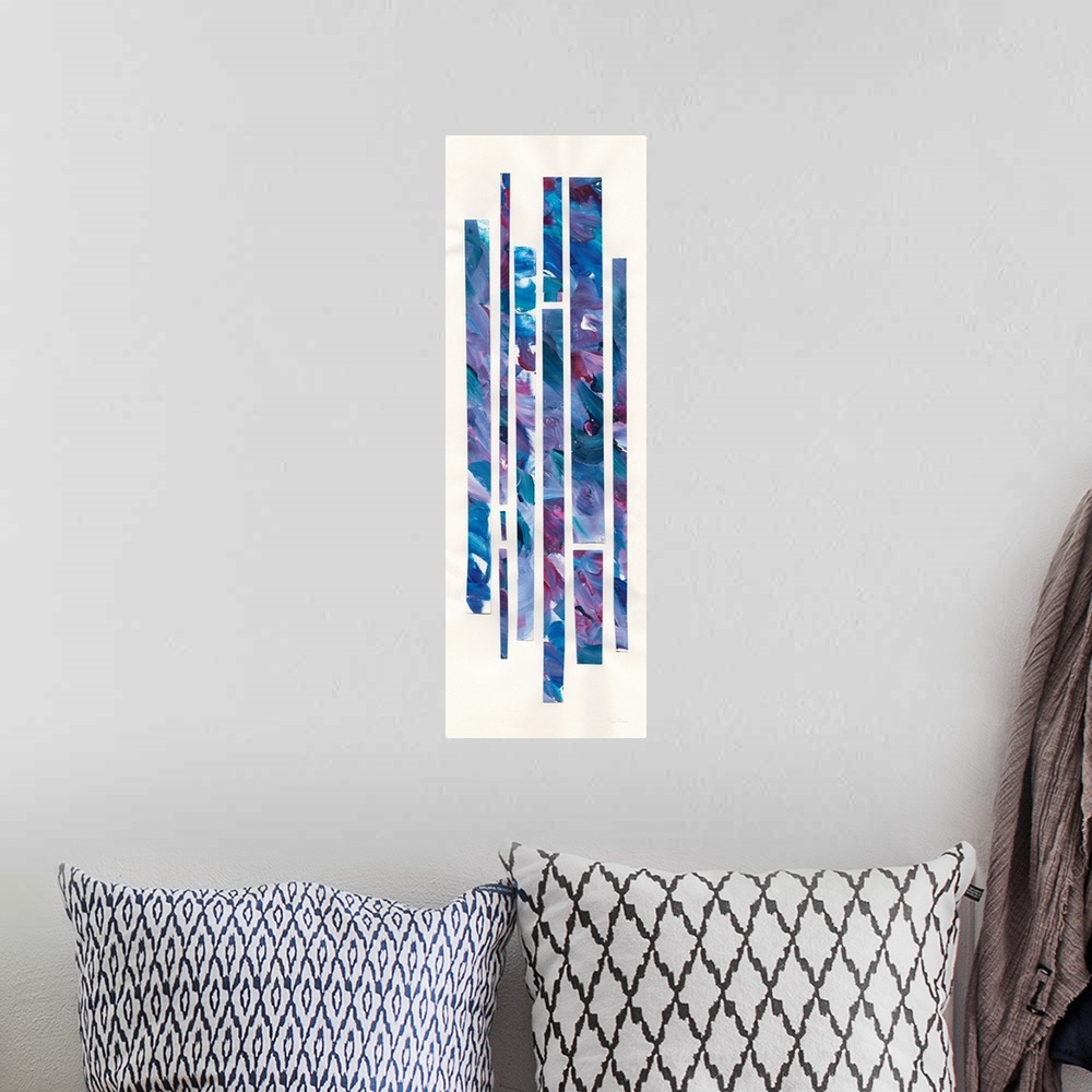 A bohemian room featuring Large geometric abstract painting with long, rectangular, vertical lines in cool shades of blue, ...
